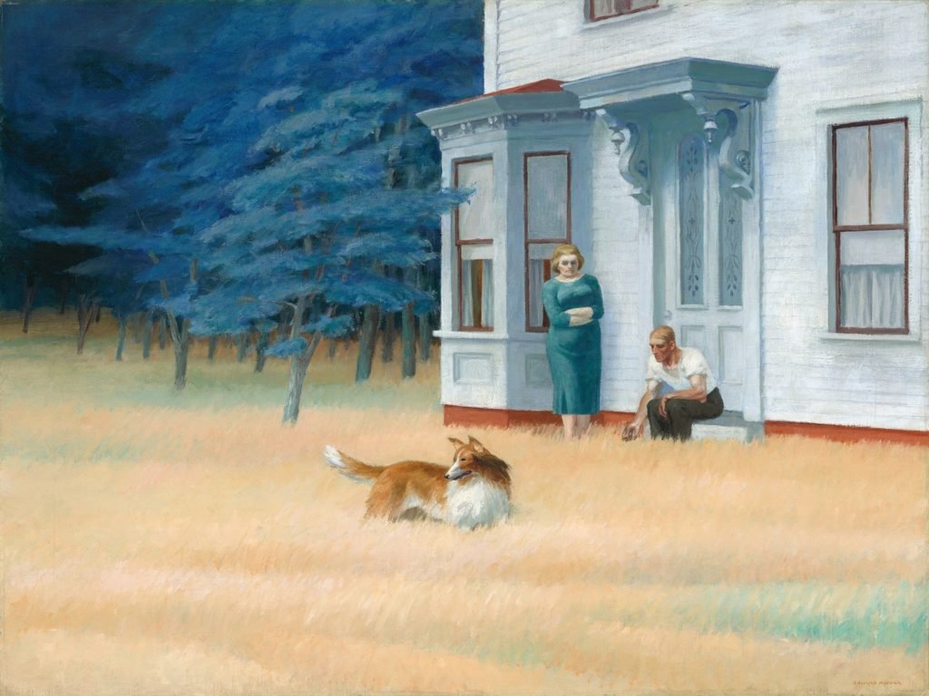 Edward Hopper’s Cape Cod Evening, showing a woman and seated man outside a white house as a dog stands alert in tall grass.