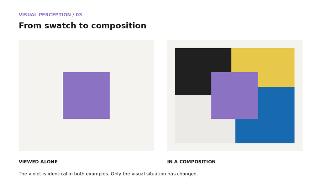 The same violet square shown alone on a neutral background and within a multicolor composition, demonstrating how context affects color perception.