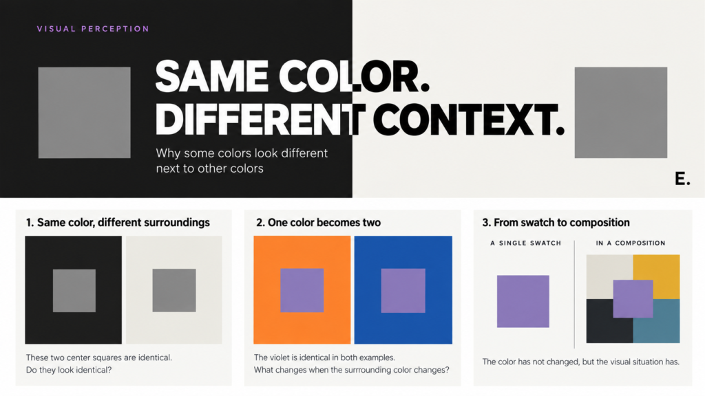 Two identical gray squares shown against dark and light backgrounds, demonstrating how surrounding colors can change their perceived appearance.”
