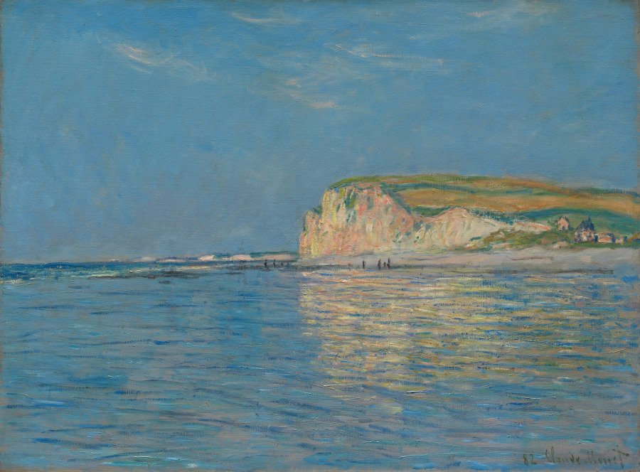 A blue sea fills the foreground beneath a blue sky. A cream and peach cliff with a green top extends from the right, with tiny dark figures near its base.