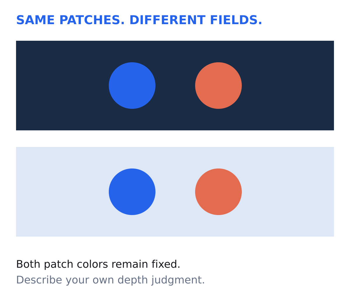 The same blue and coral circles appear on a dark blue-gray field and a pale blue-gray field. Patch colors, sizes, and positions are identical between panels.
