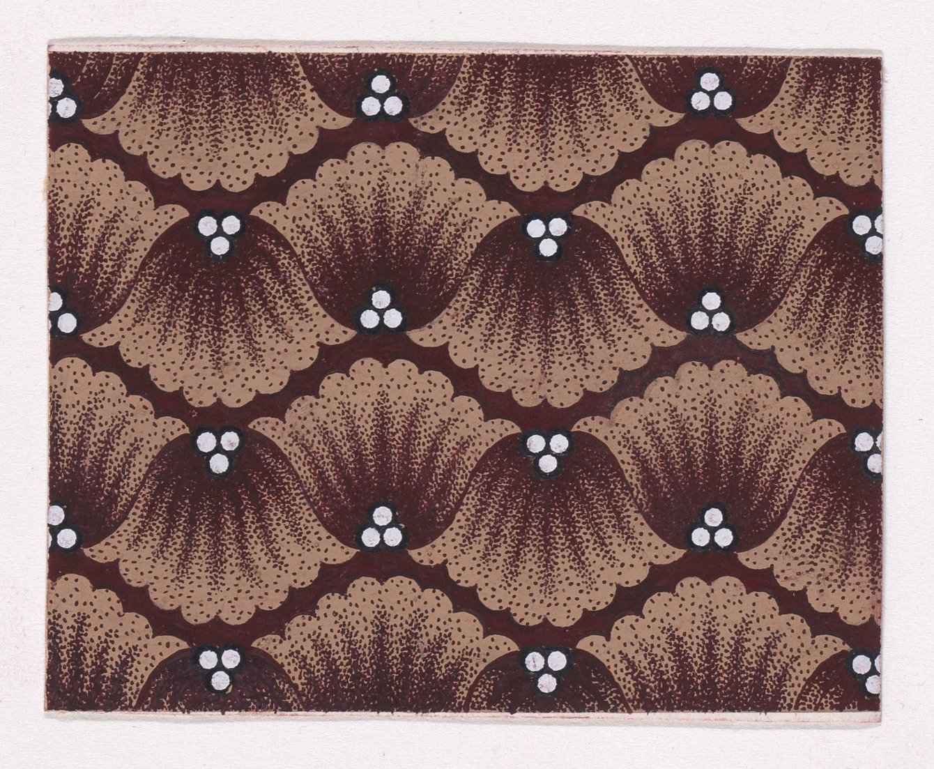 Tan, fanlike palmettes alternate upward and downward against a dark brown ground, with pale three-dot clusters among the forms.