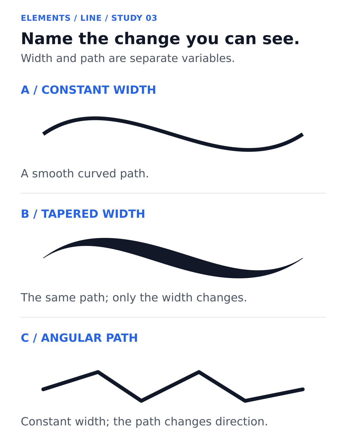 Three black strokes labeled A, B, and C. A is a constant-width smooth curve. B follows the same curve with a thick middle and tapered ends. C is a constant-width zigzag with angular corners.