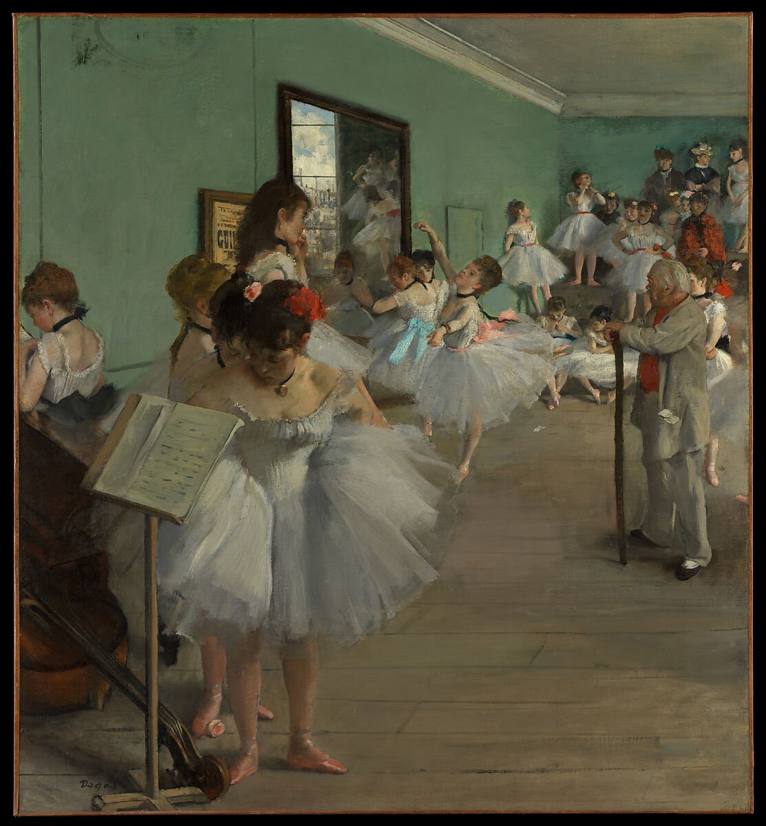 Degas's The Dance Class: dancers and accompanying adults gather in a rehearsal room around a central dancer and ballet master, with foreground figures cropped by the frame.