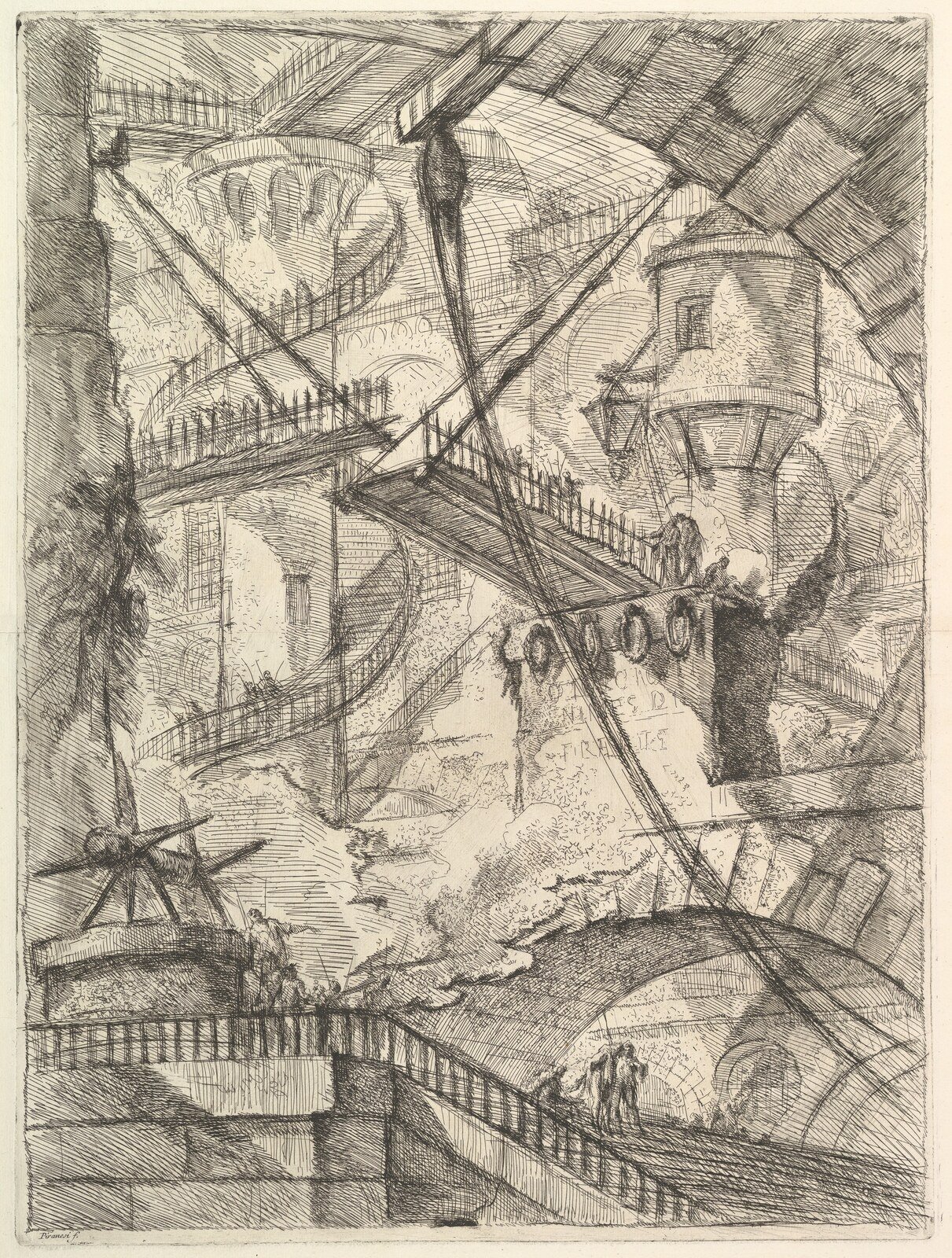 Piranesi's etched imaginary prison interior with immense piers, stairs, suspended structures, a drawbridge, and very small human figures.