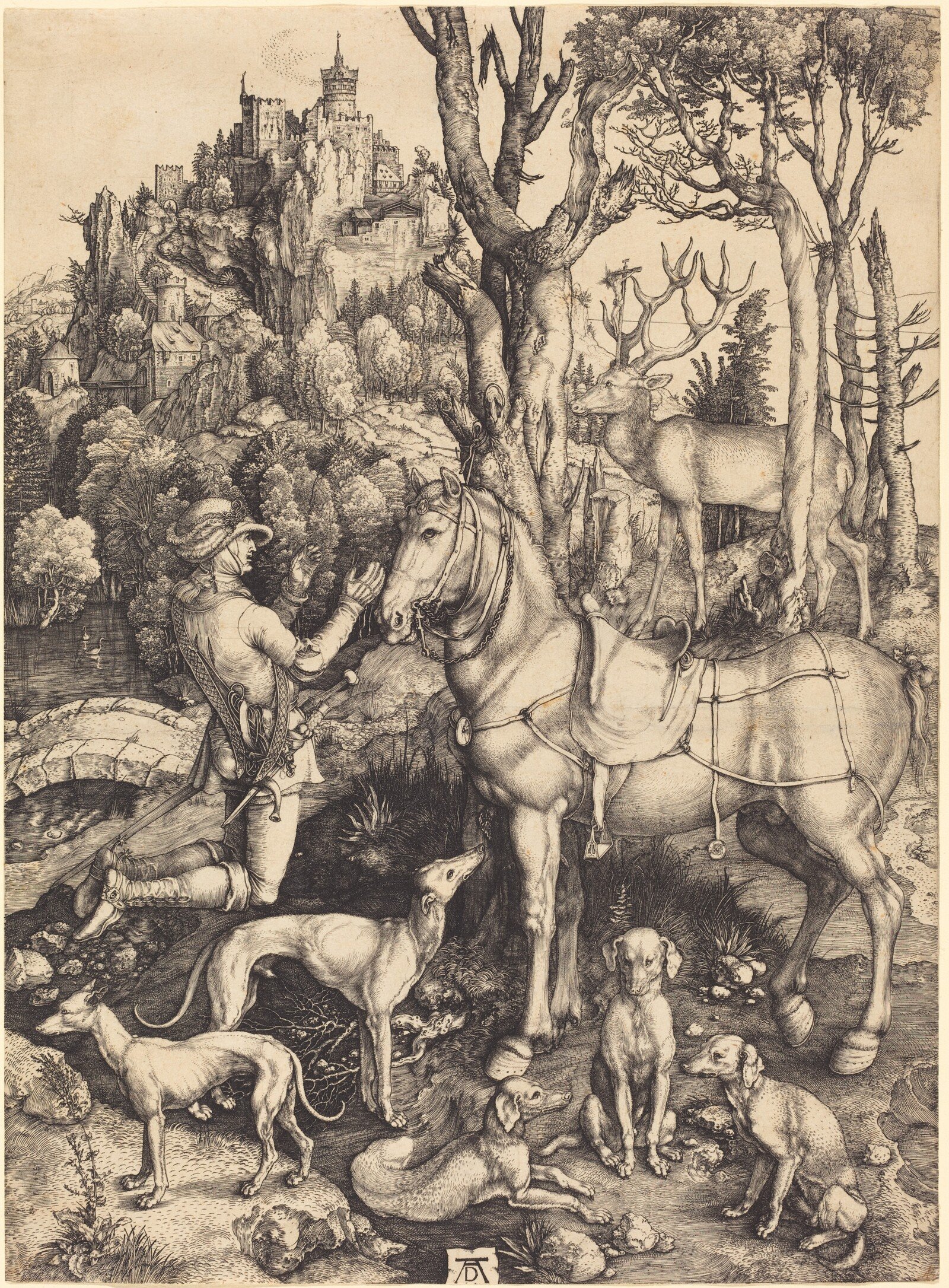 Albrecht Dürer's engraving Saint Eustace, showing a kneeling hunter, horse, dogs, trees, rocks, and a distant castle described through varied engraved marks.