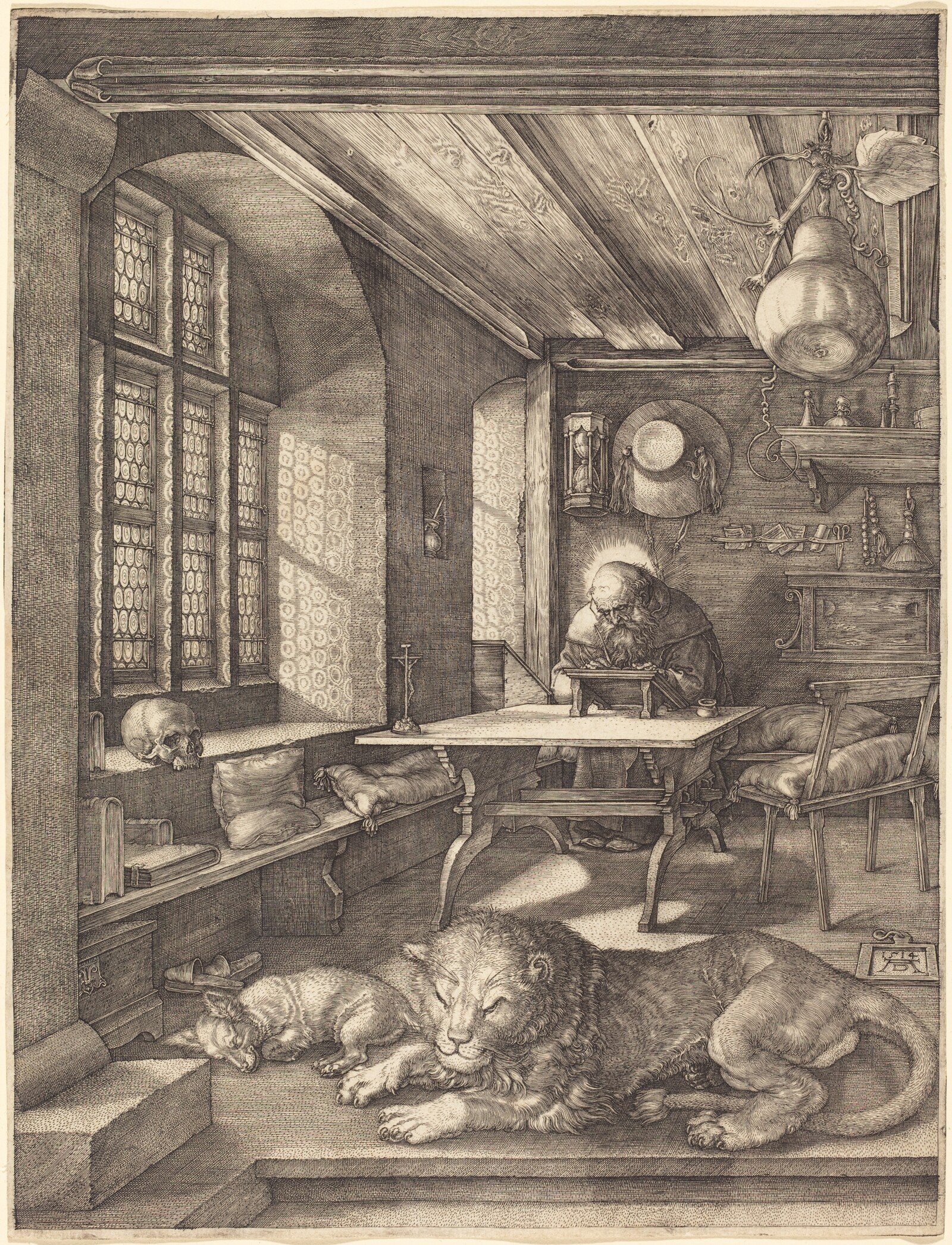 Albrecht Dürer's engraving Saint Jerome in His Study, a detailed interior built from finely varied engraved lines.