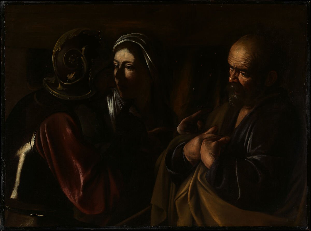 Caravaggio's Denial of Saint Peter: three figures emerge from a very dark surrounding field, with light concentrated on faces and hands.