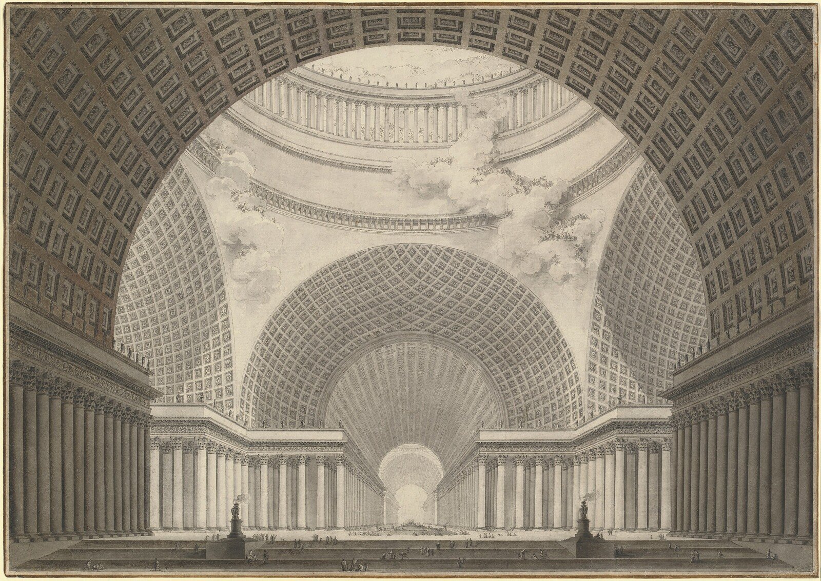 Étienne-Louis Boullée's architectural drawing of a vast metropolitan church interior with monumental arches, repeated columns, stairs, and tiny human figures.