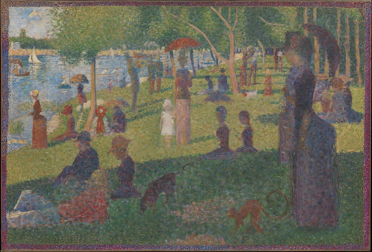 Georges Seurat's study for A Sunday on La Grande Jatte, composed of many small, patchy touches of color that build figures, grass, trees, and water.