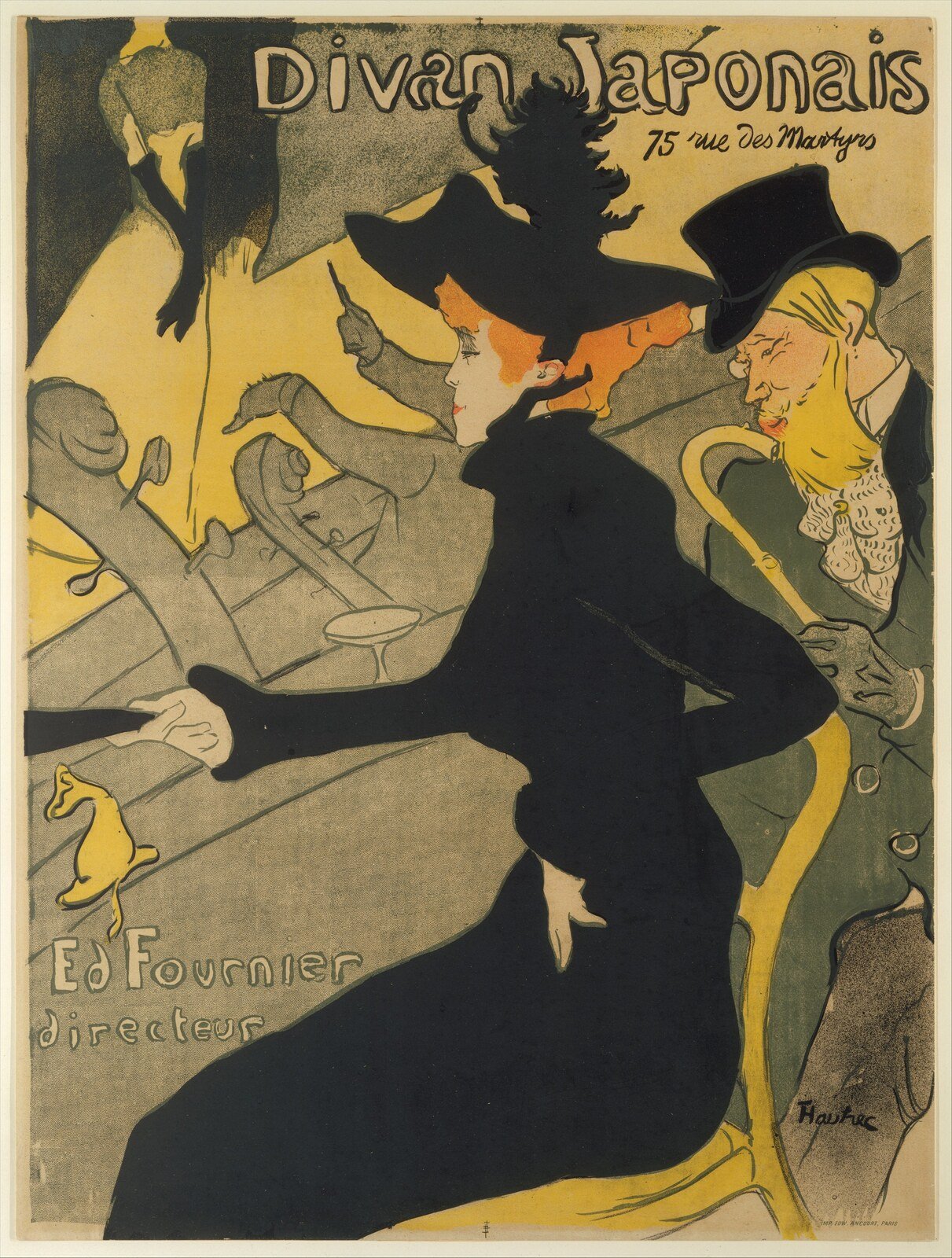 Toulouse-Lautrec poster with large red and black lettering above cropped figures in a theater audience.