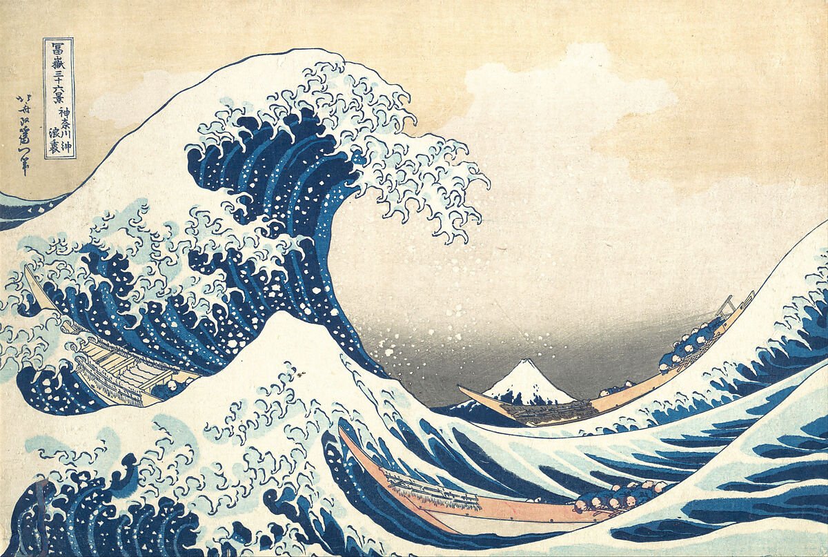 Hokusai's Great Wave: a large curling wave and smaller waves surround three boats, while Mount Fuji appears small near the center-right horizon.