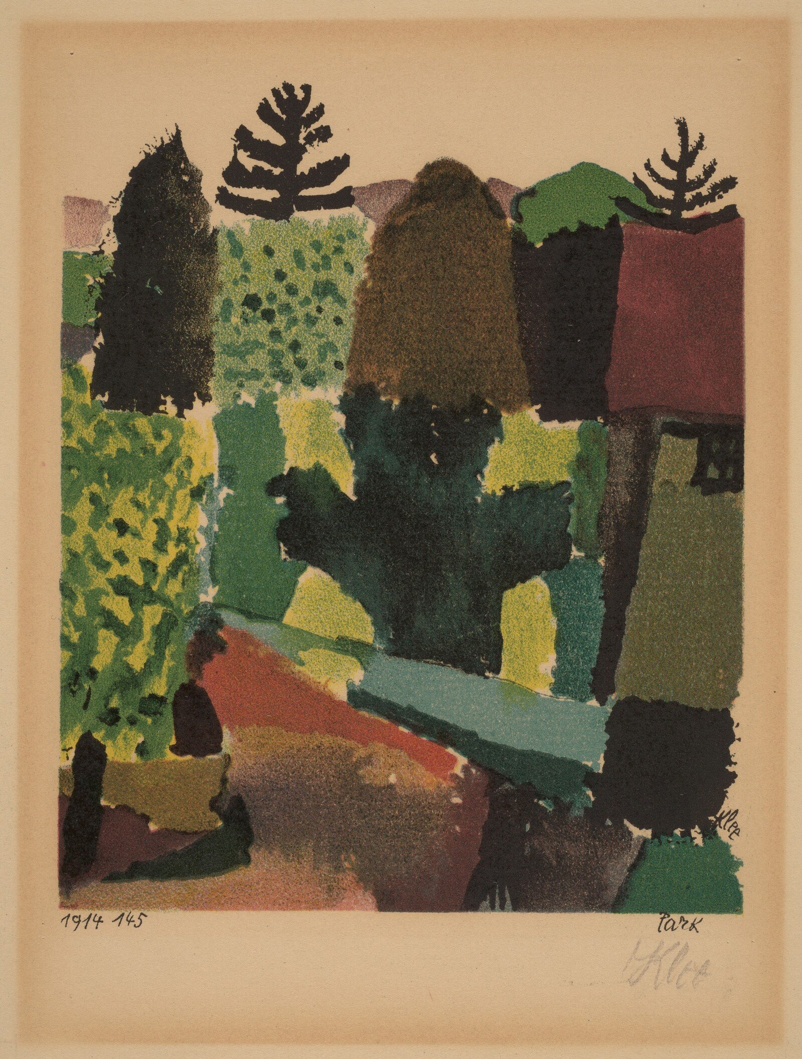 Paul Klee's Park: overlapping dark, green, ocher, and rust-colored shapes suggest trees and a landscape.